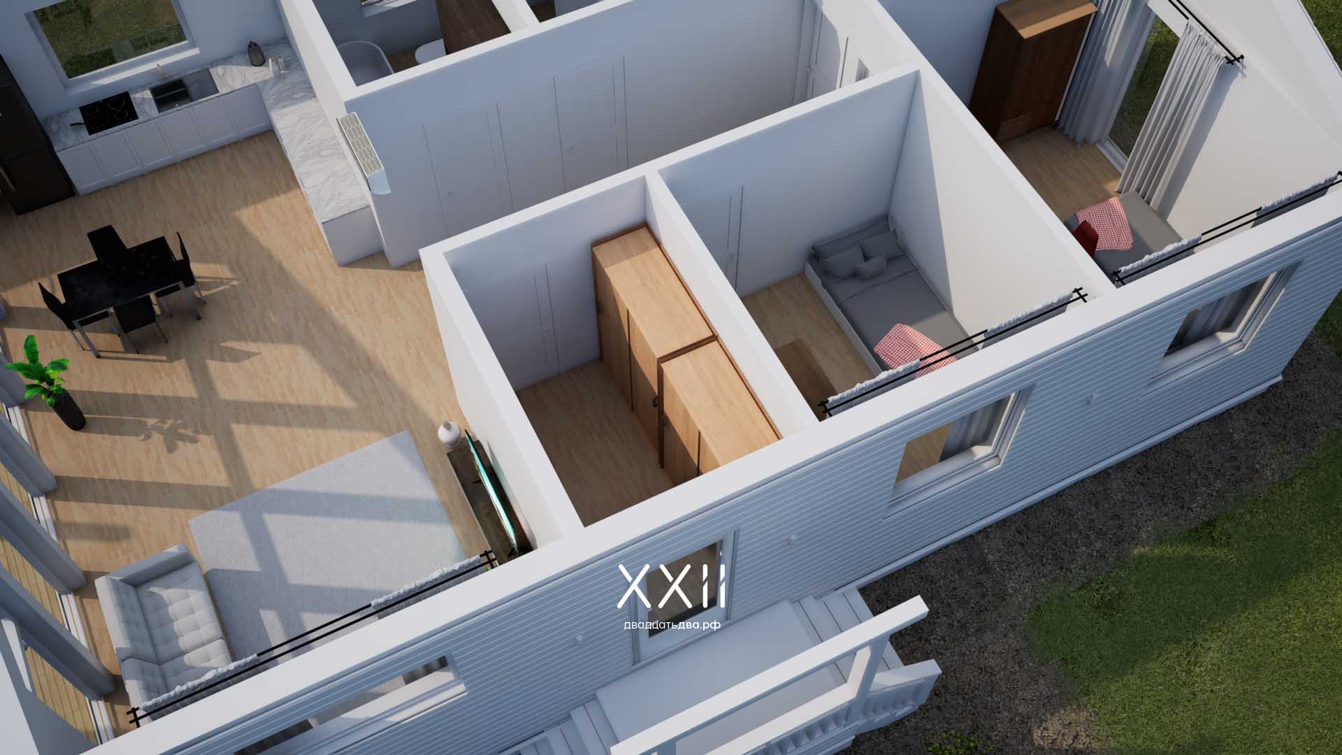 Проект одноэтажного каркасного дома с тремя спальнями и террасой, 132 кв. м.