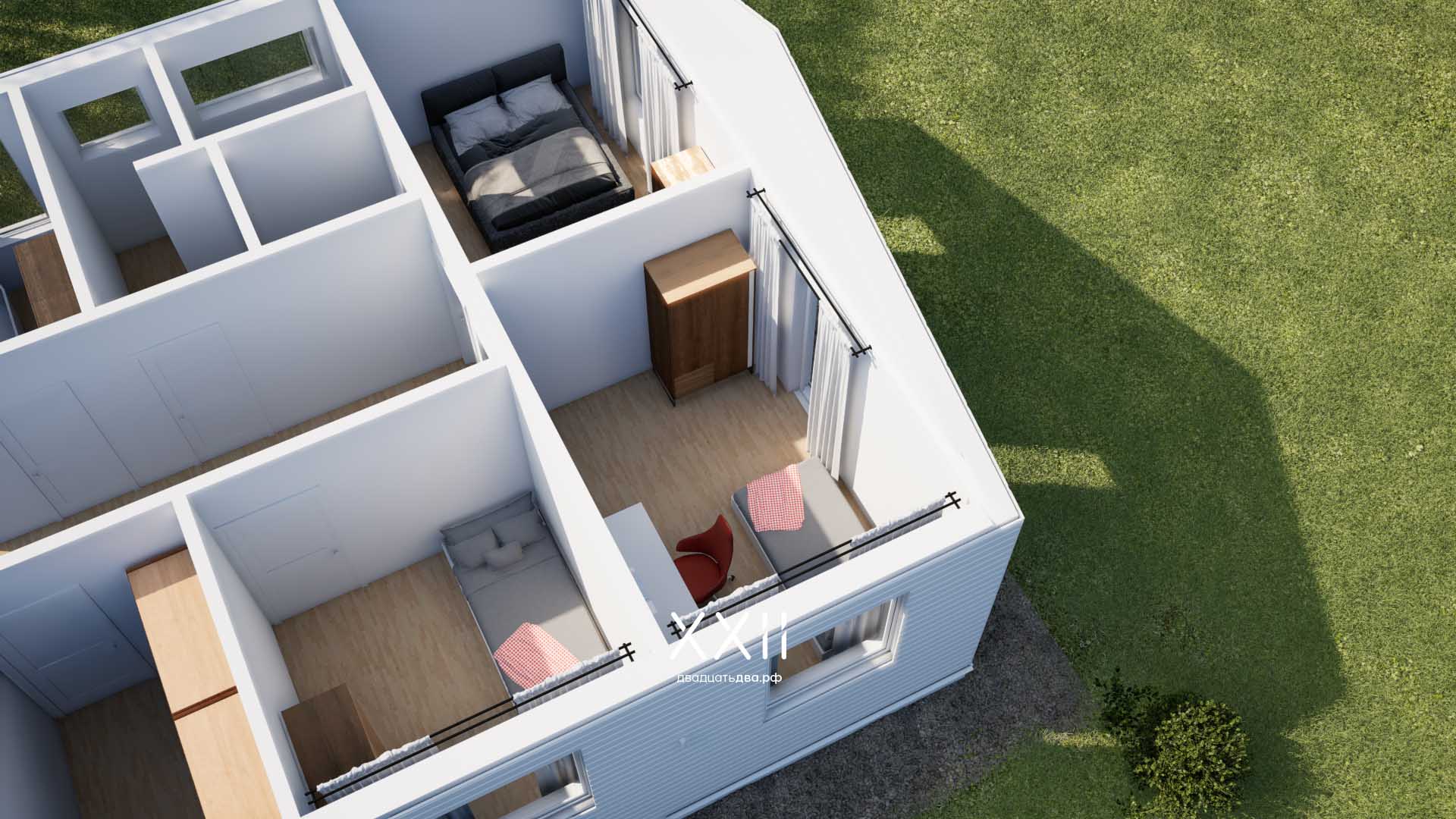 Проект одноэтажного каркасного дома с тремя спальнями и террасой, 132 кв. м.